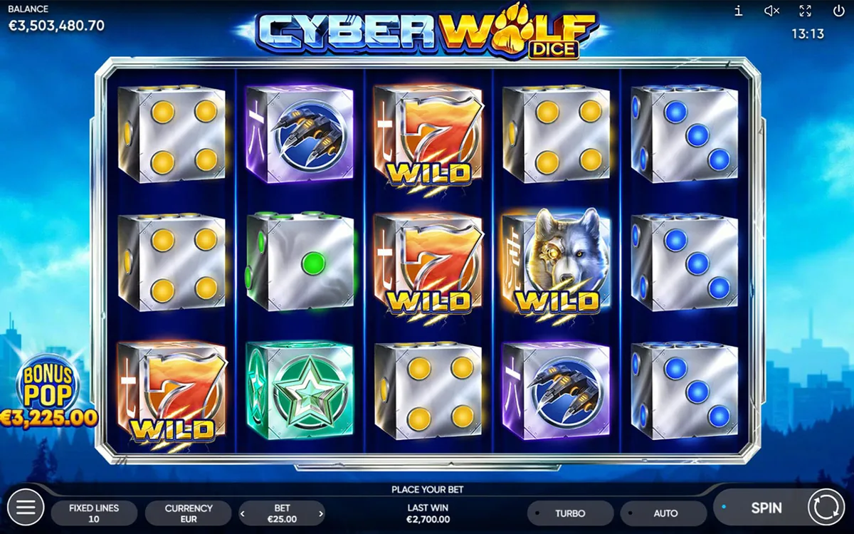 Cyber Wolf Dice official Endorphina gameplay screen showing the reel layout
