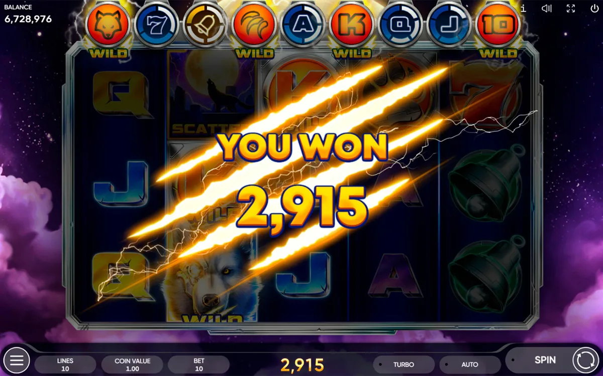 Cyber Wolf official Endorphina gameplay screen showing the reel layout