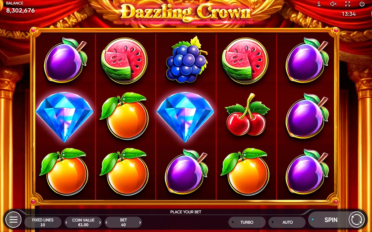 Dazzling Crown official Endorphina gameplay screen showing the reel layout