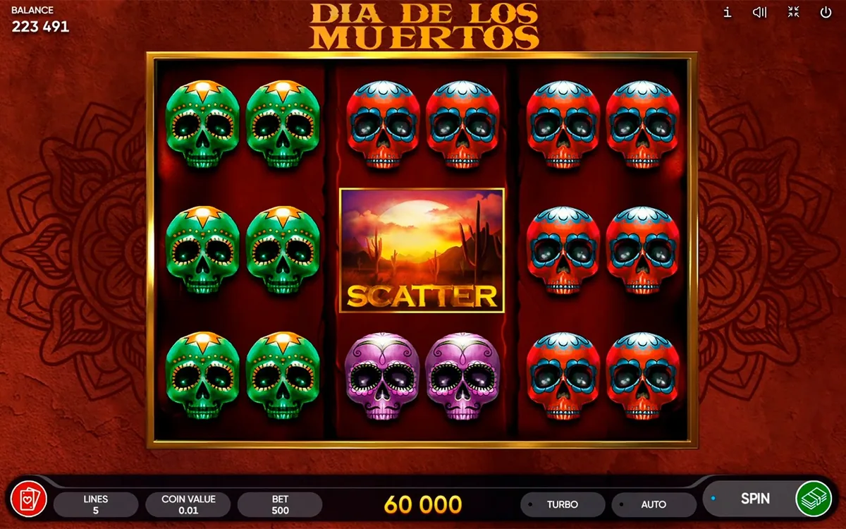 Dia de Los Muertos official Endorphina gameplay screen showing the reel layout