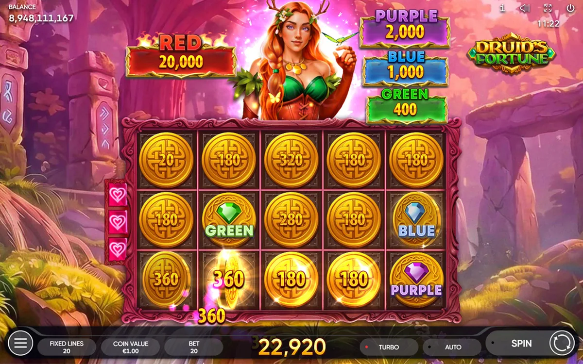 Druids Fortune official Endorphina gameplay screen showing the reel layout