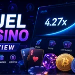 Duel Casino review banner with crypto symbols, crash game multiplier graph, dice, cards and neon casino elements.