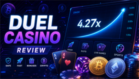 Duel Casino review banner with crypto symbols, crash game multiplier graph, dice, cards and neon casino elements.
