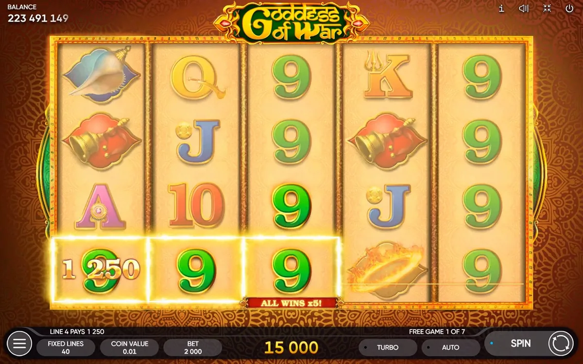 Goddess of War official Endorphina gameplay screen showing the reel layout