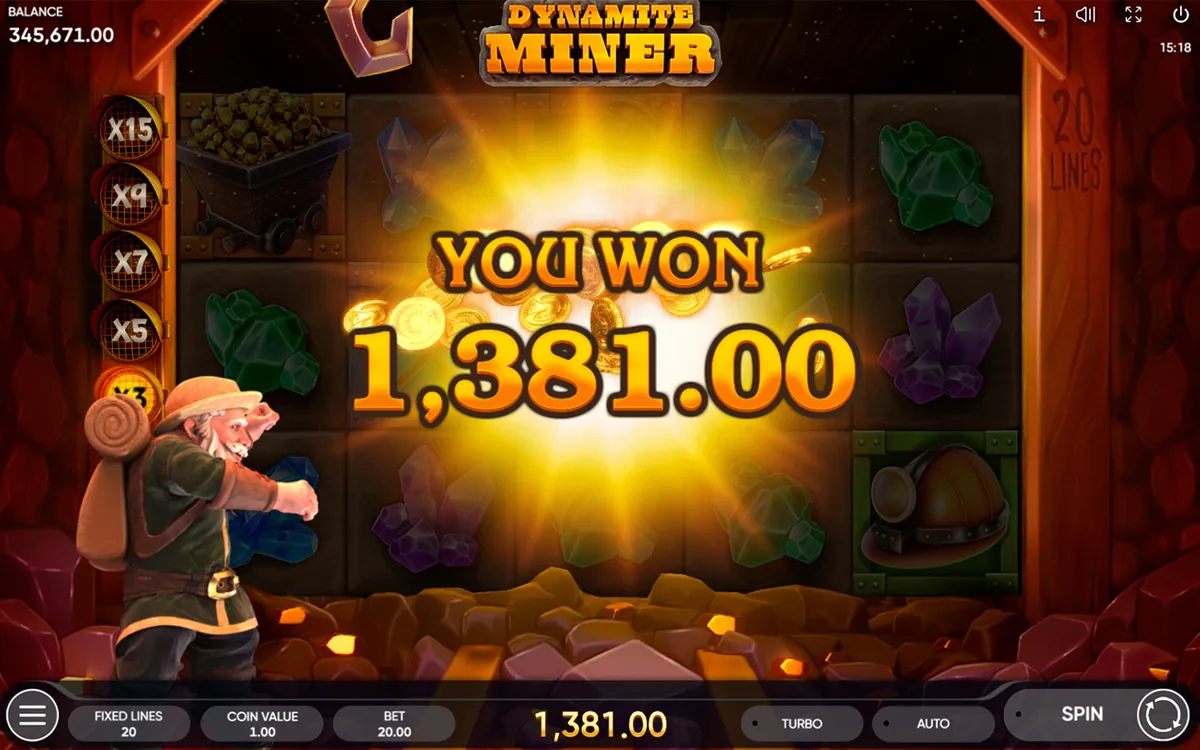 Dynamite Miner official Endorphina gameplay screen showing the reel layout