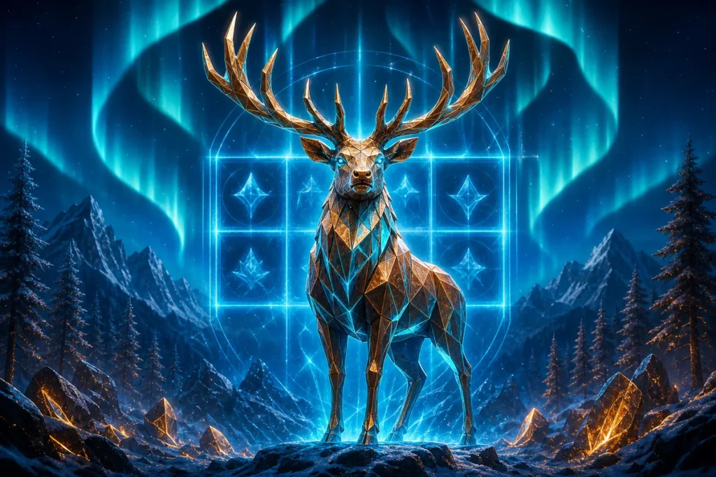 Faceted elk beneath a blue aurora representing ELK slot game reviews