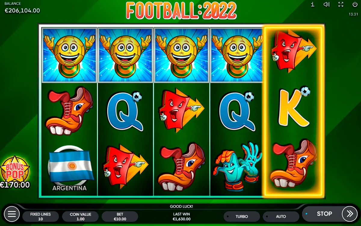 Football:2022 official Endorphina gameplay screen showing the reel layout