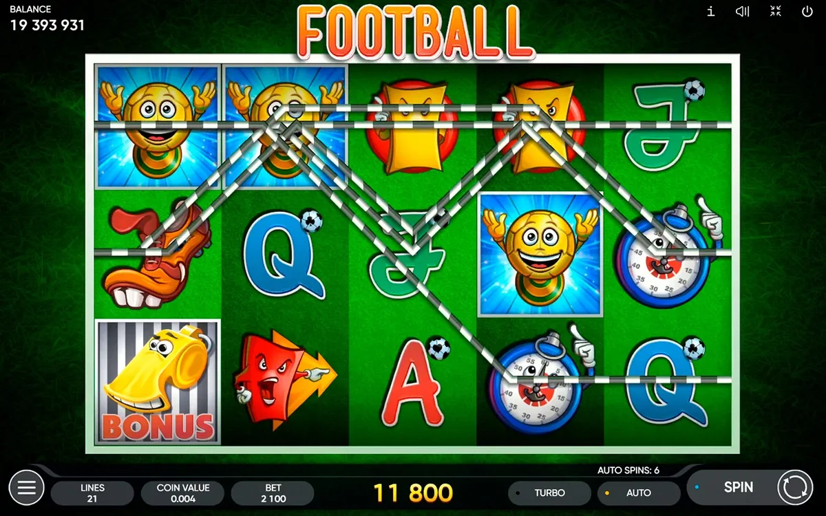 Football official Endorphina gameplay screen showing the reel layout