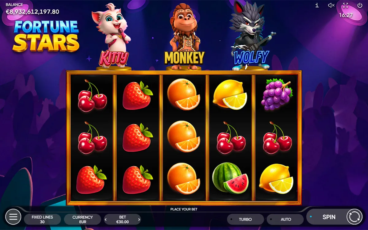 Fortune Stars official Endorphina gameplay screen showing the reel layout