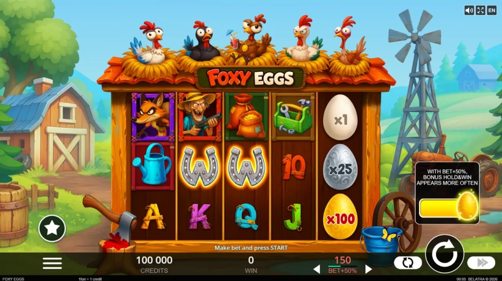 Foxy Eggs official Belatra gameplay image showing the game presentation