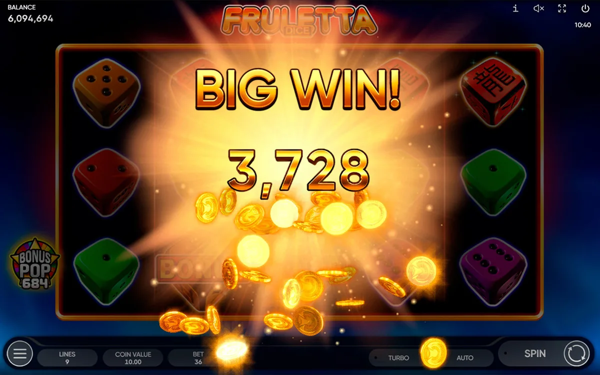 Fruletta Dice official Endorphina gameplay screen showing the reel layout