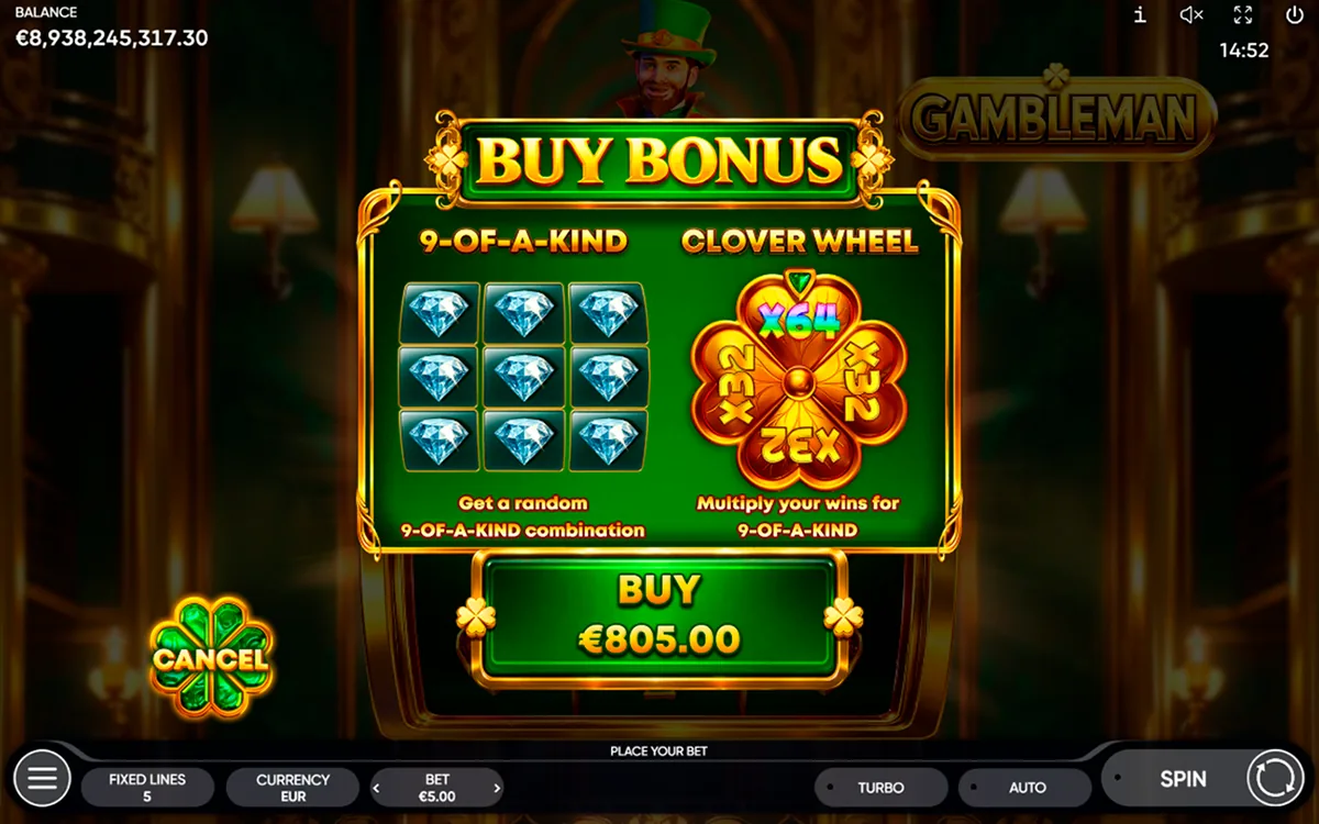 Gambleman official Endorphina gameplay screen showing the reel layout