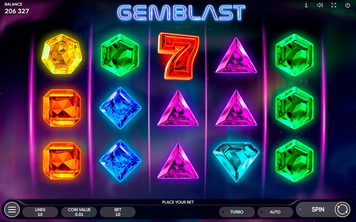 Gem Blast official Endorphina gameplay screen showing the reel layout
