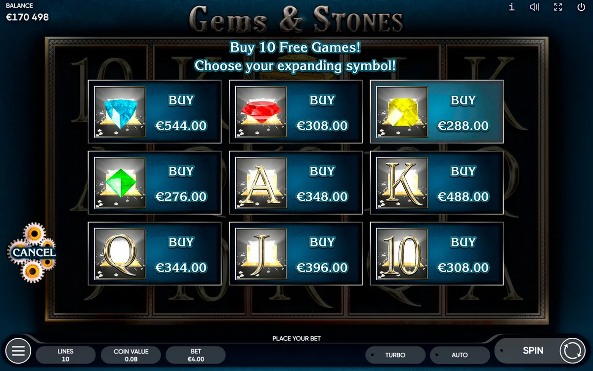 Gems & Stones official Endorphina gameplay screen showing the reel layout