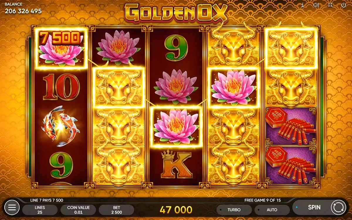 Golden Ox official Endorphina gameplay screen showing the reel layout