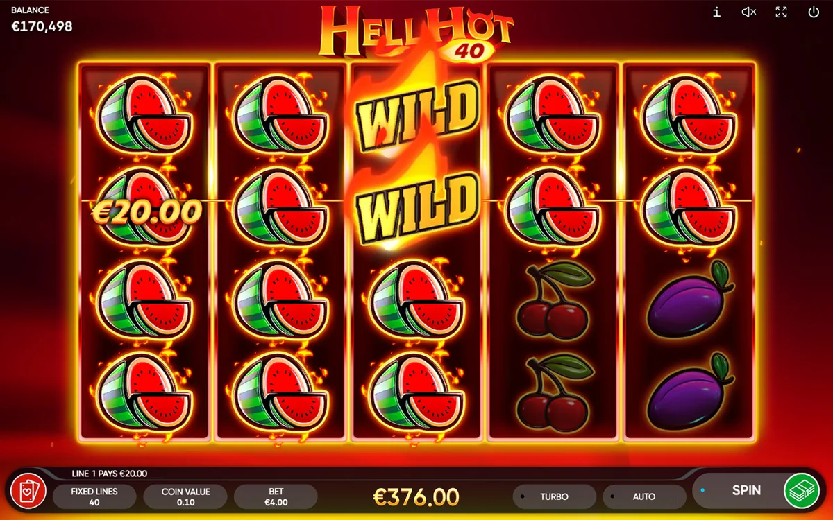 Hell Hot 40 official Endorphina gameplay screen showing the reel layout