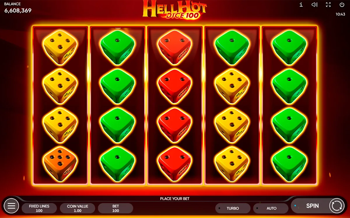 Hell Hot Dice 100 official Endorphina gameplay screen showing the reel layout