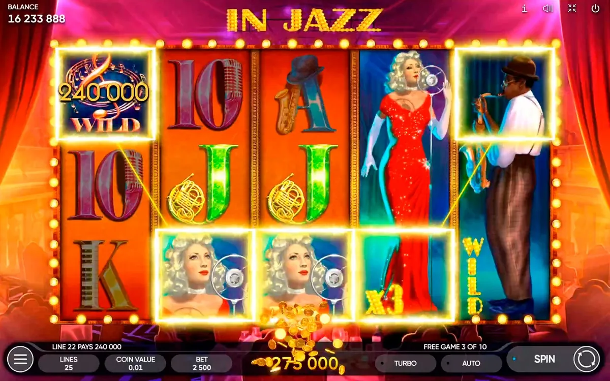 IN JAZZ official Endorphina gameplay screen showing the reel layout