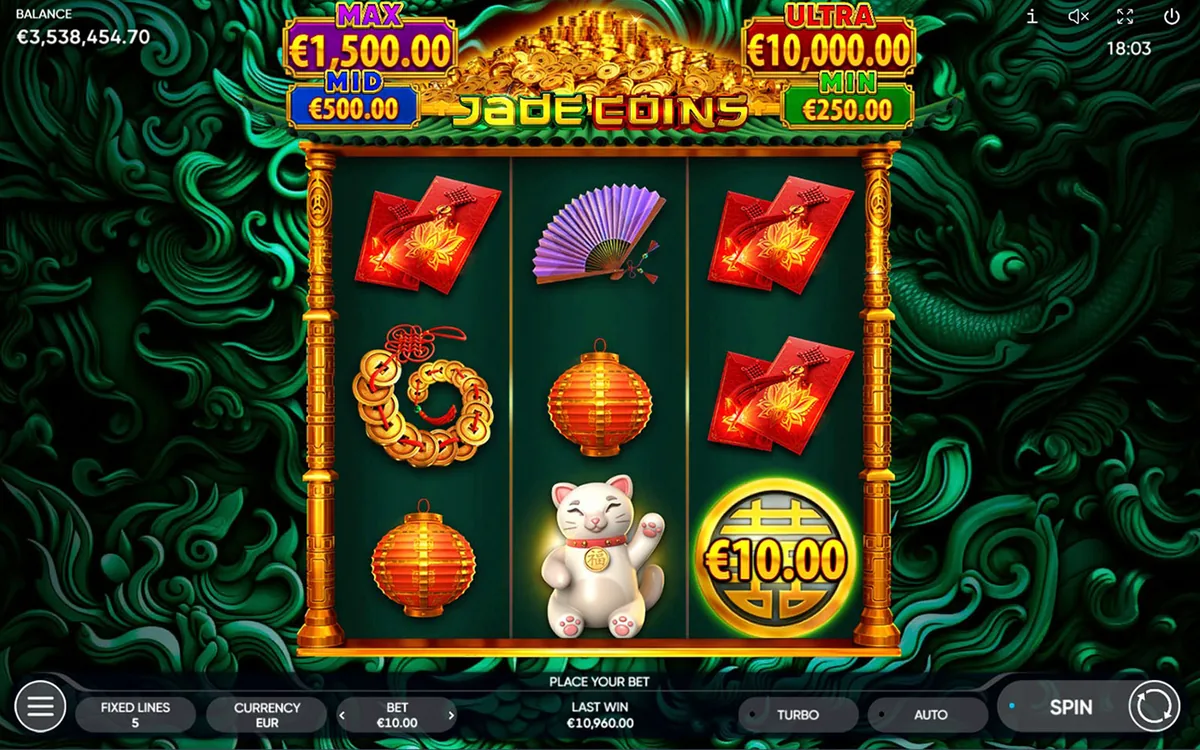 Jade Coins official Endorphina gameplay screen showing the reel layout