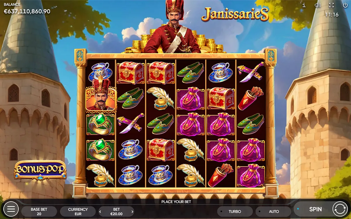 Janissaries official Endorphina gameplay screen showing the reel layout
