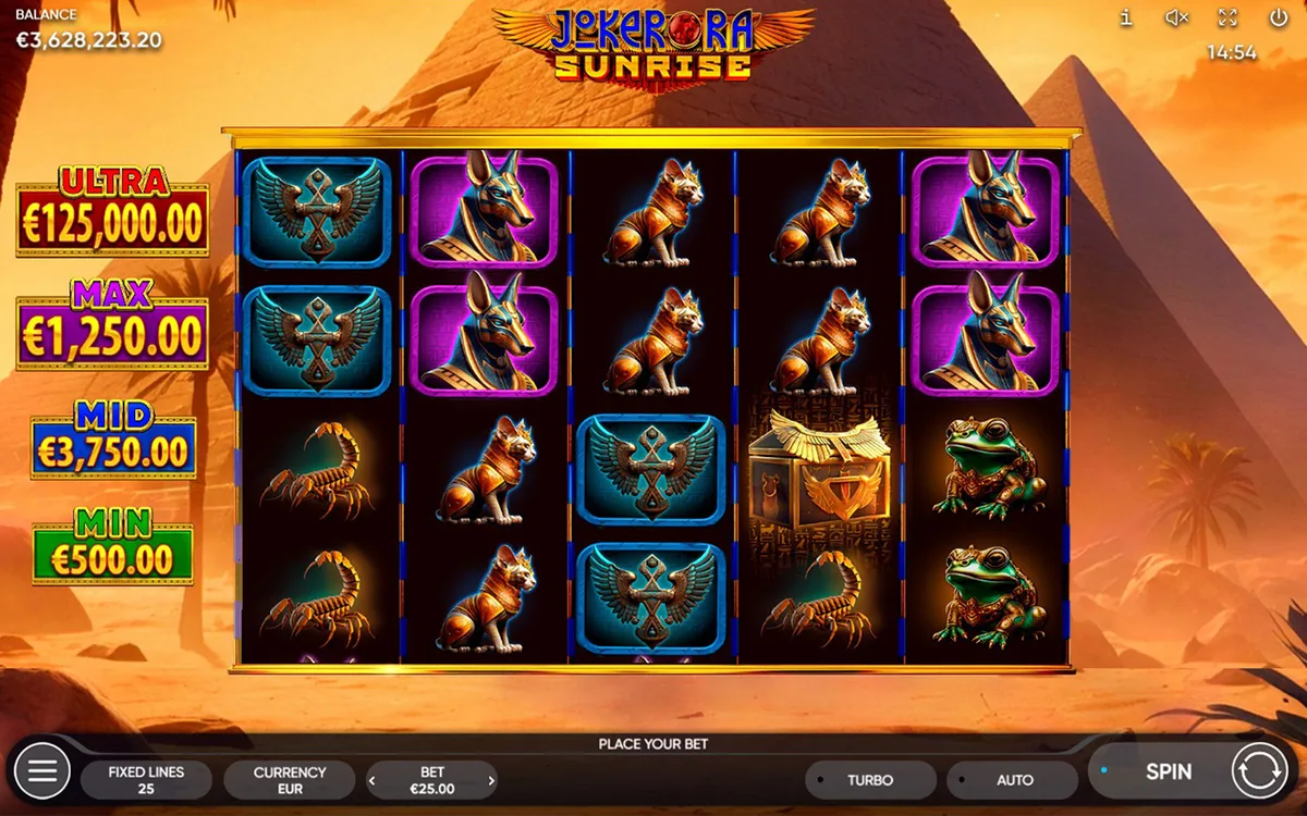 Joker Ra: Sunrise official Endorphina gameplay screen showing the reel layout