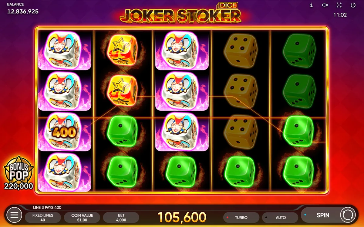 Joker Stoker Dice official Endorphina gameplay screen showing the reel layout