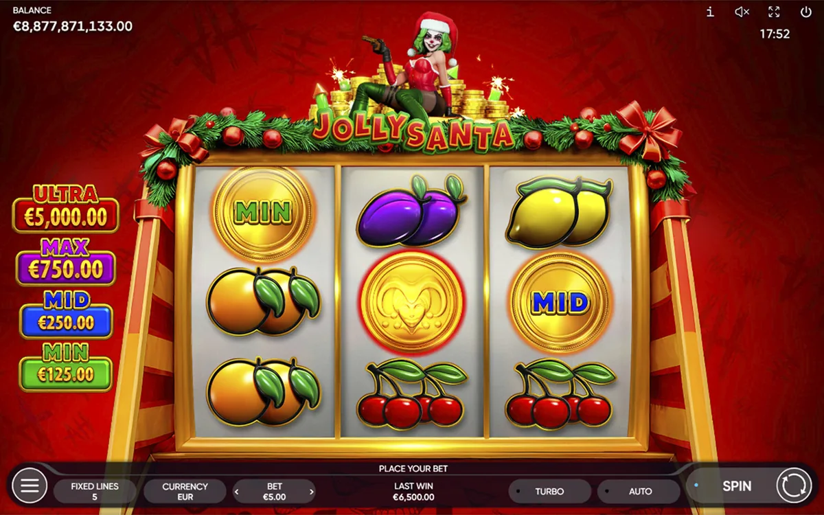 Jolly Santa official Endorphina gameplay screen showing the reel layout