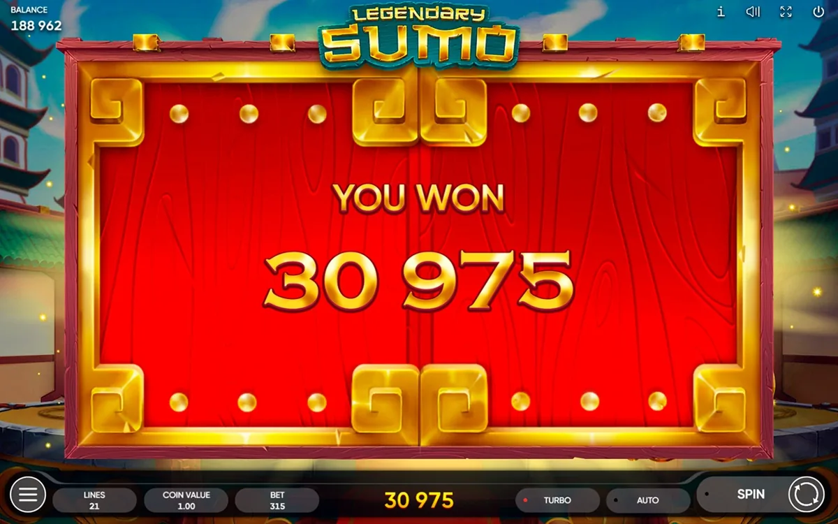 Legendary Sumo official Endorphina gameplay screen showing the reel layout