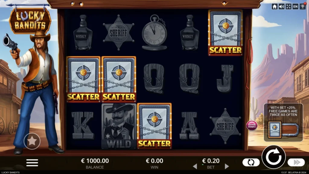Lucky Bandits official Belatra gameplay image showing the game presentation