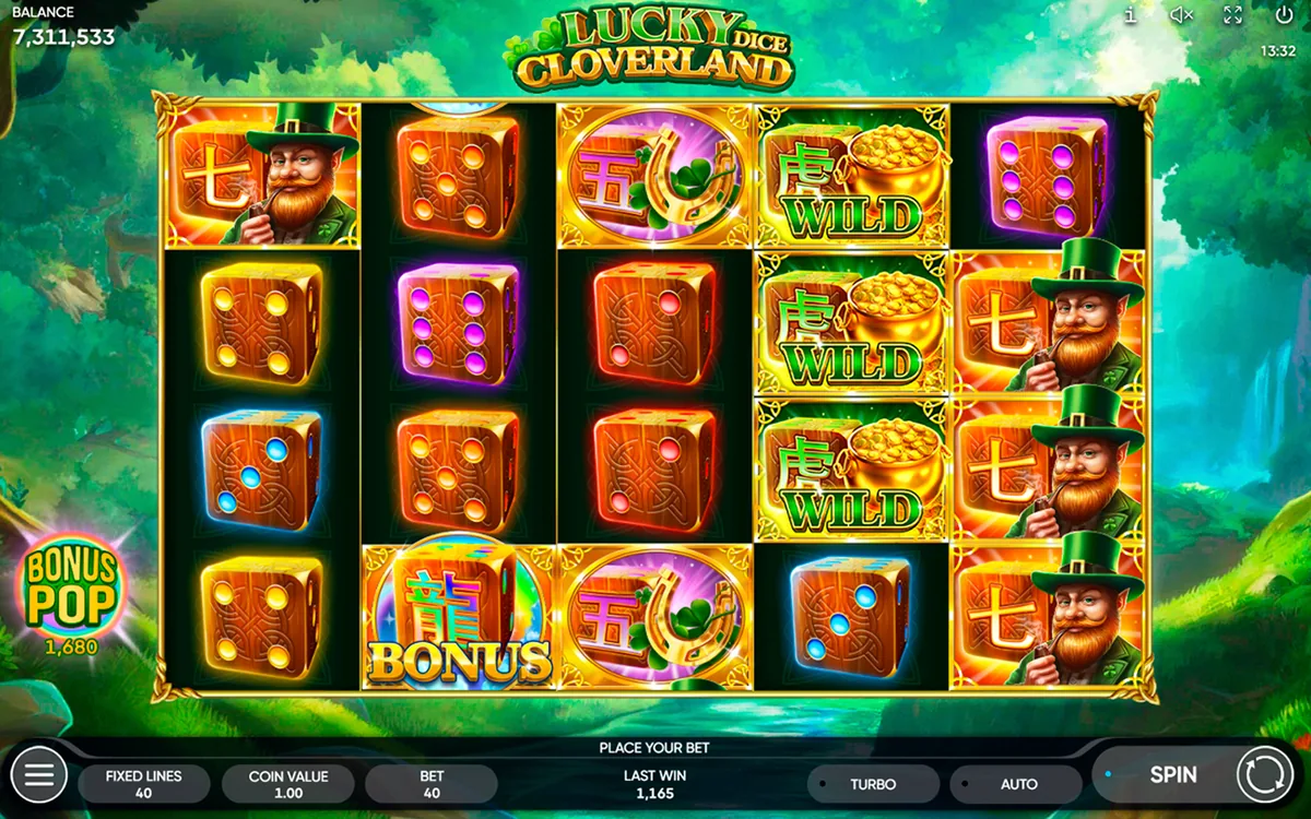 Lucky Cloverland Dice official Endorphina gameplay screen showing the reel layout