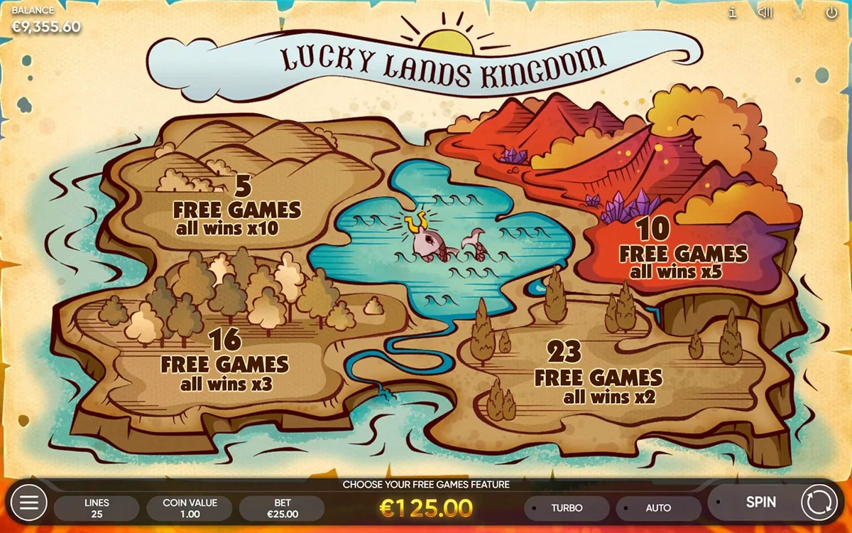 Lucky Lands official Endorphina gameplay screen showing the reel layout