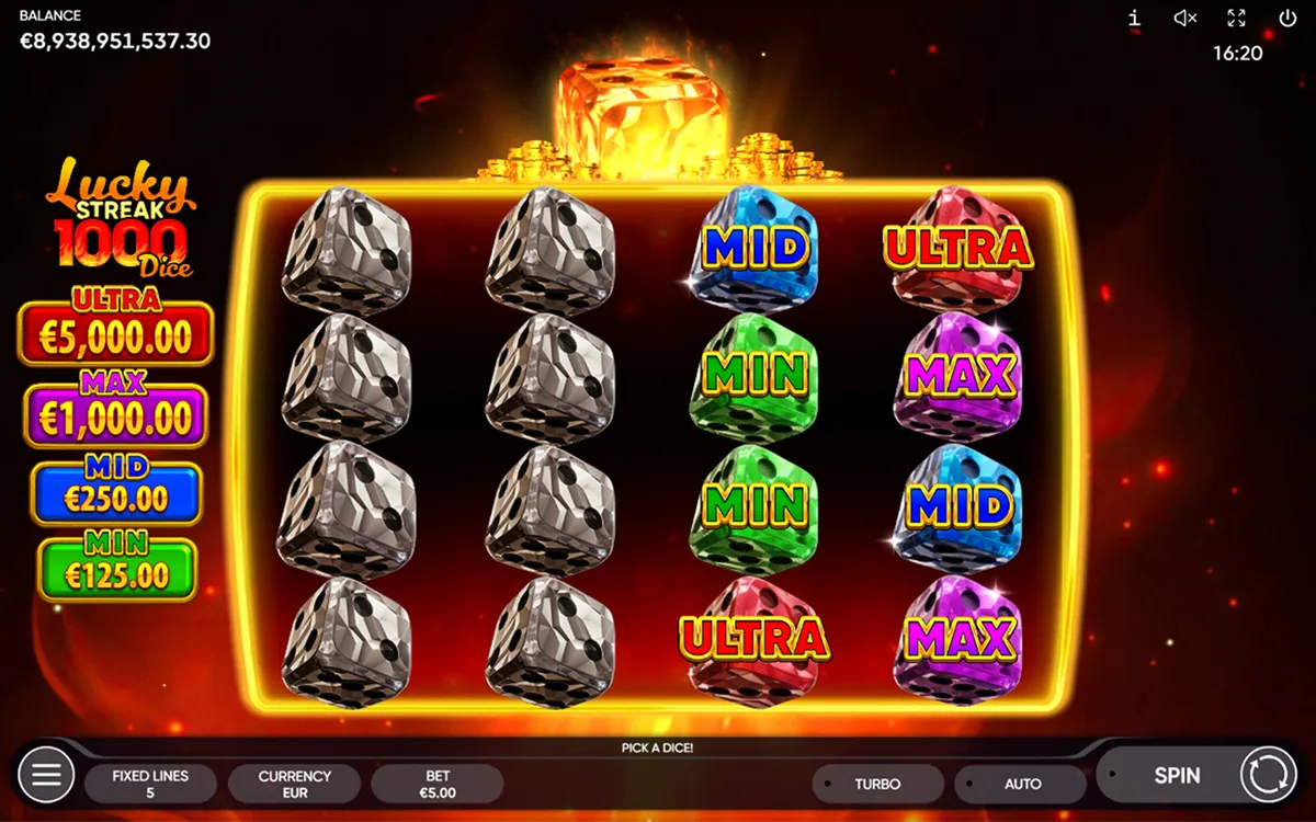 Lucky Streak 1000 Dice official Endorphina gameplay screen showing the reel layout
