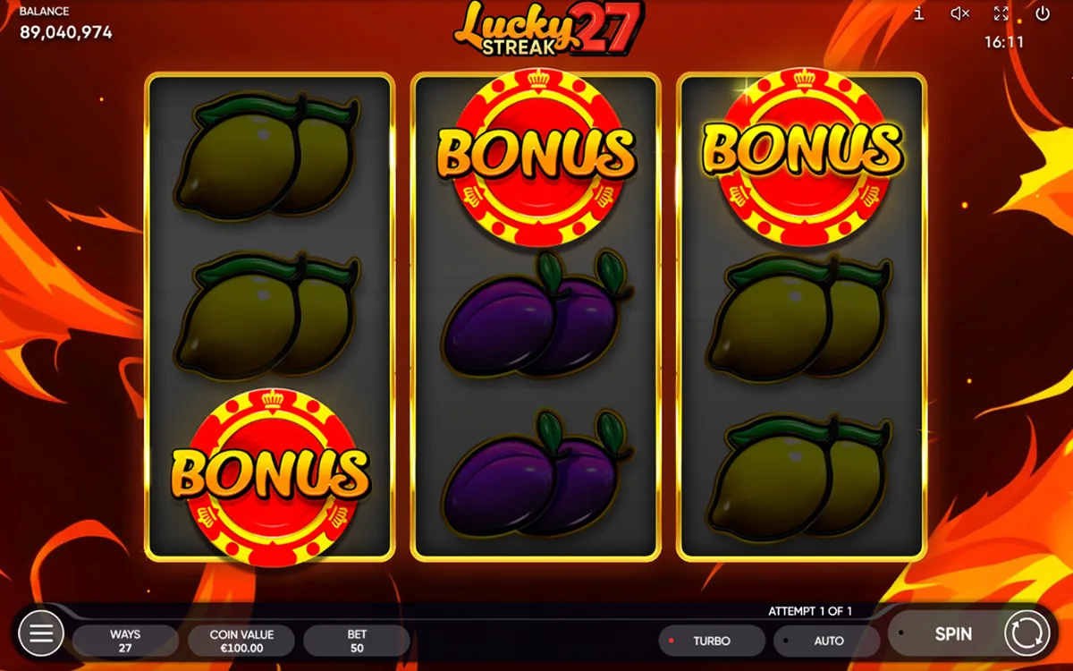 Lucky Streak 27 official Endorphina gameplay screen showing the reel layout