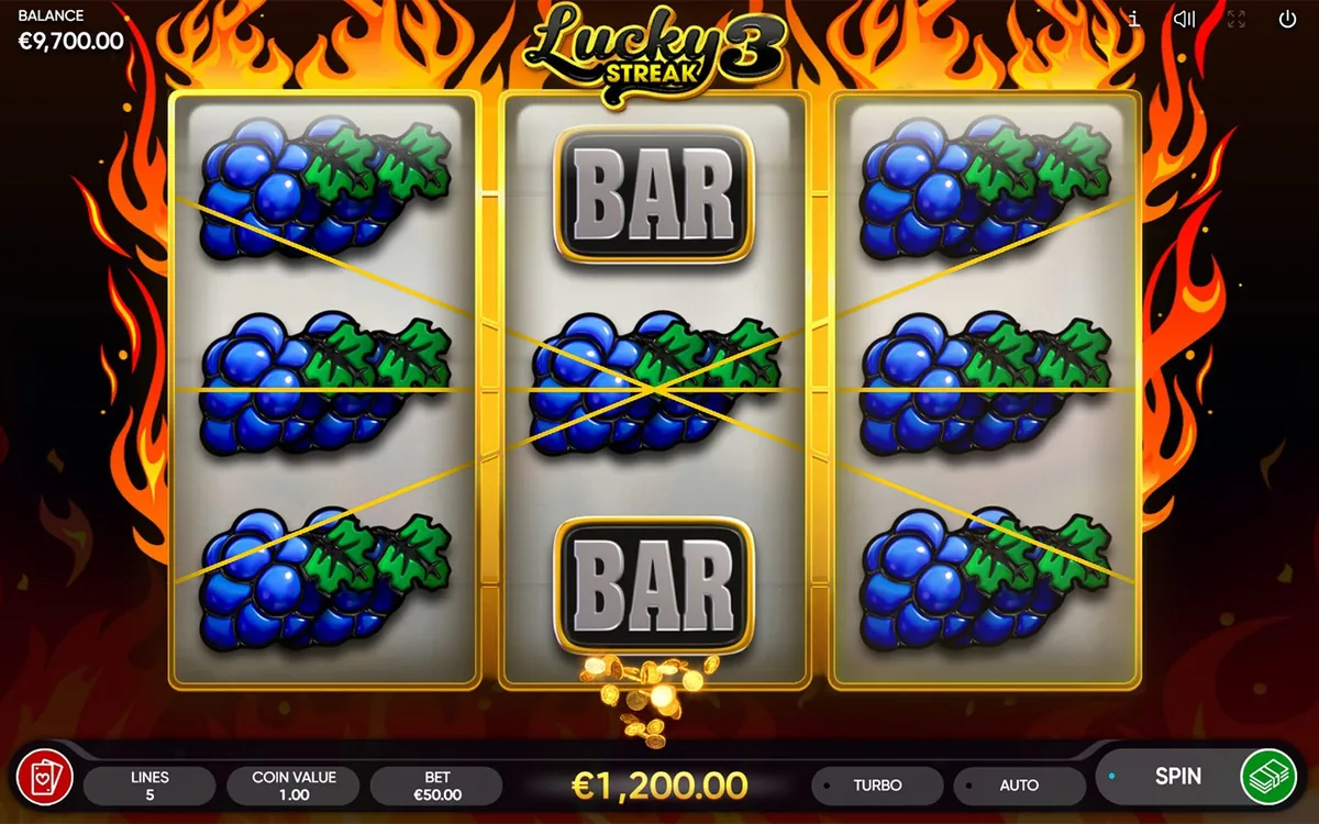 Lucky Streak 3 official Endorphina gameplay screen showing the reel layout