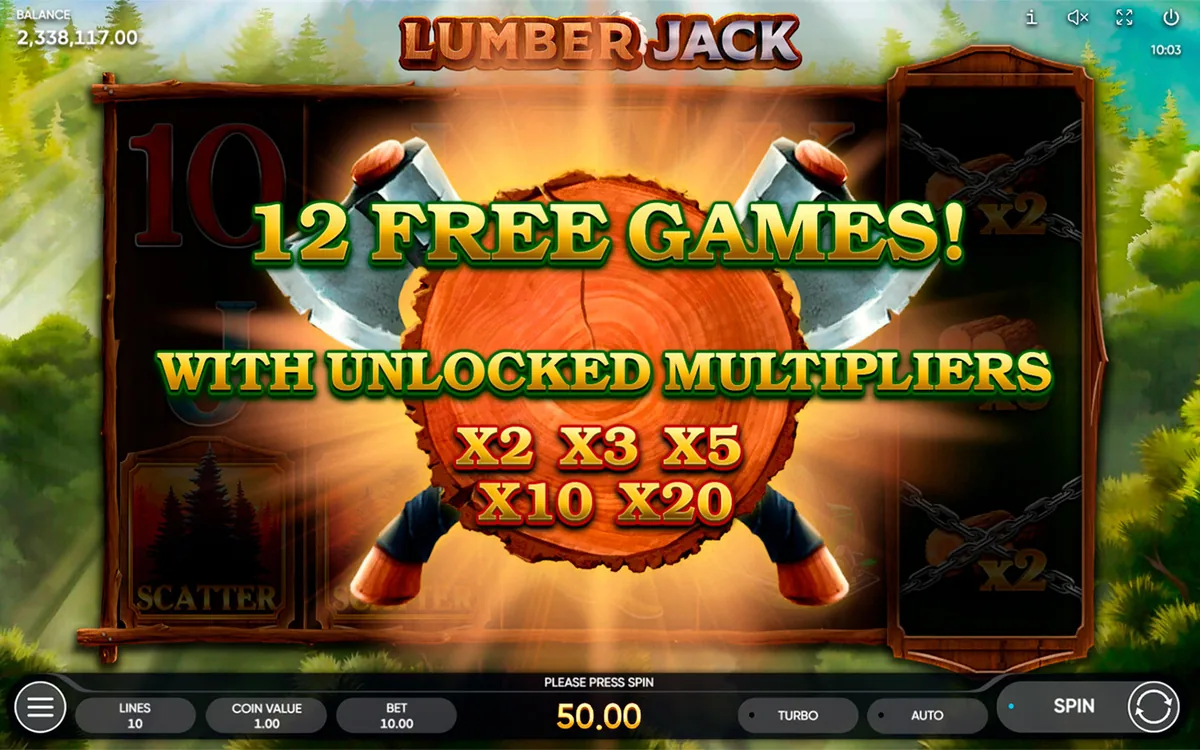 Lumber Jack official Endorphina gameplay screen showing the reel layout