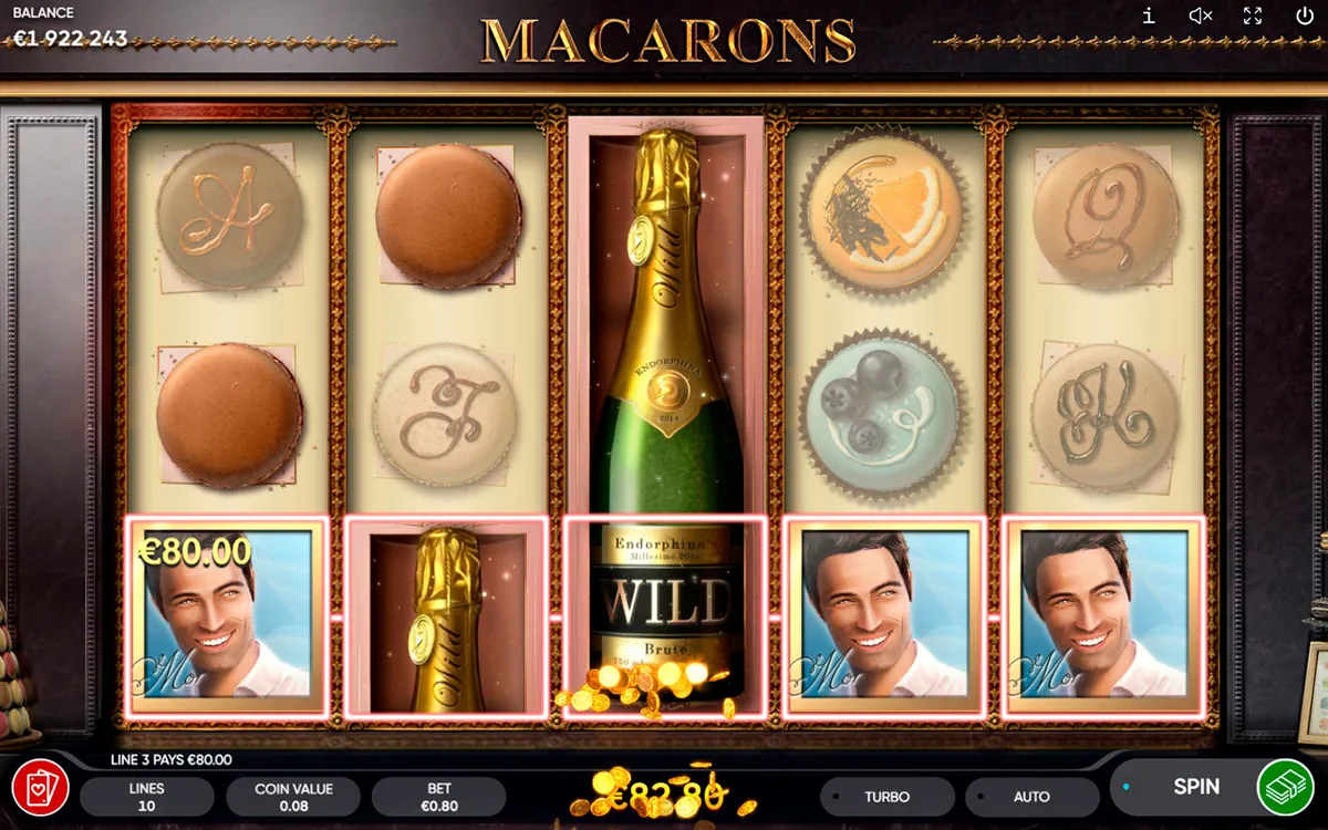 Macarons official Endorphina gameplay screen showing the reel layout