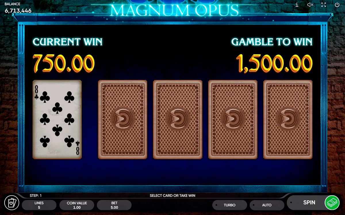 Magnum Opus official Endorphina gameplay screen showing the reel layout