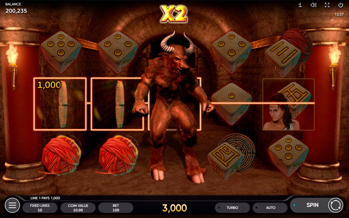Minotauros Dice official Endorphina gameplay screen showing the reel layout