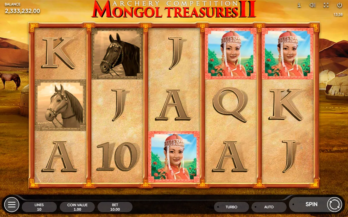 Mongol Treasures II: Archery Competition official Endorphina gameplay screen showing the reel layout