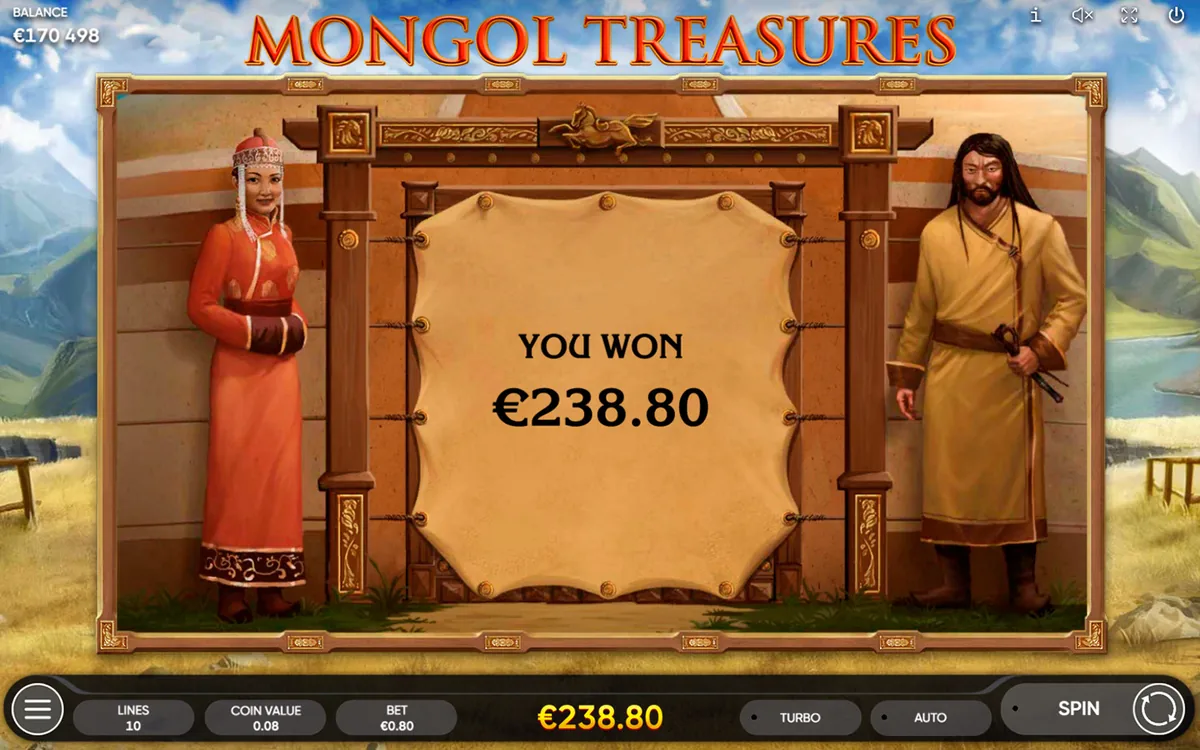 Mongol Treasures official Endorphina gameplay screen showing the reel layout