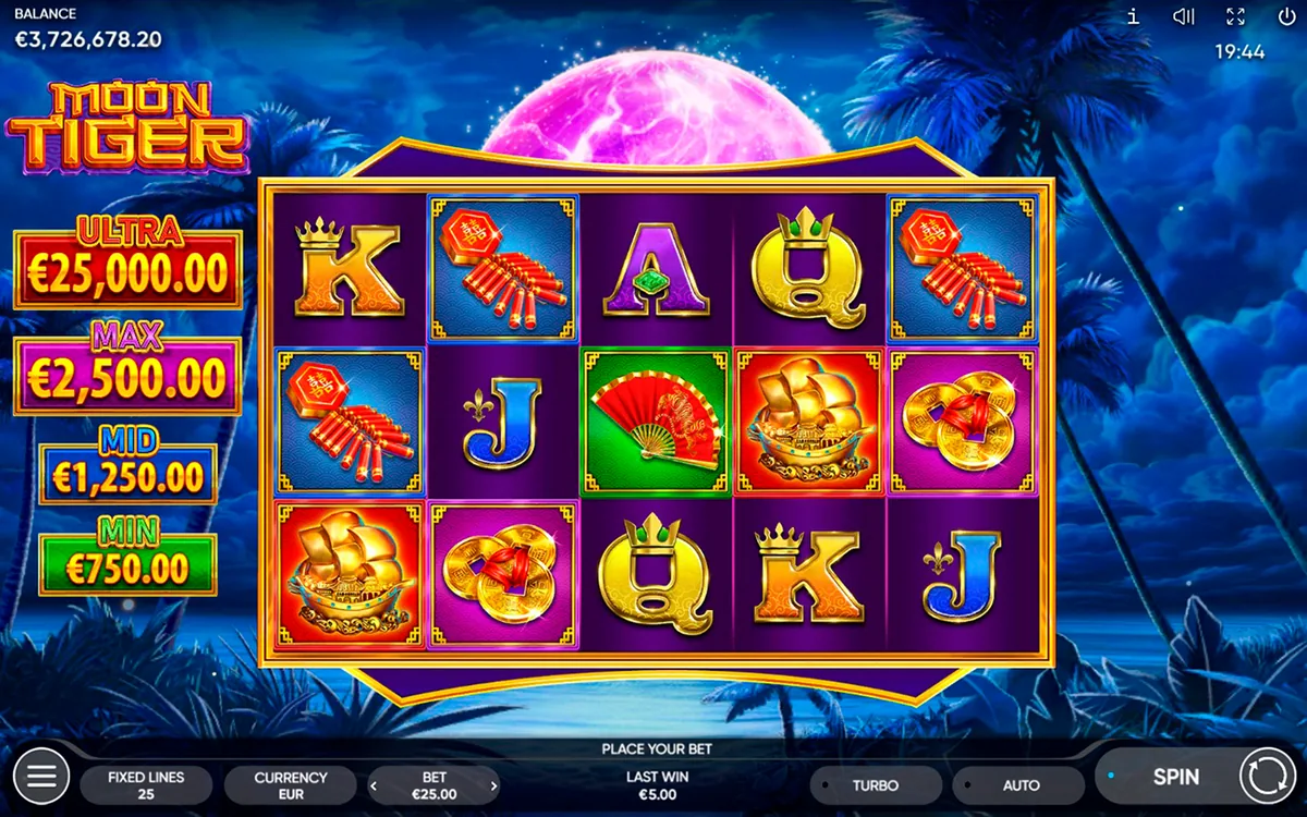 Moon Tiger official Endorphina gameplay screen showing the reel layout
