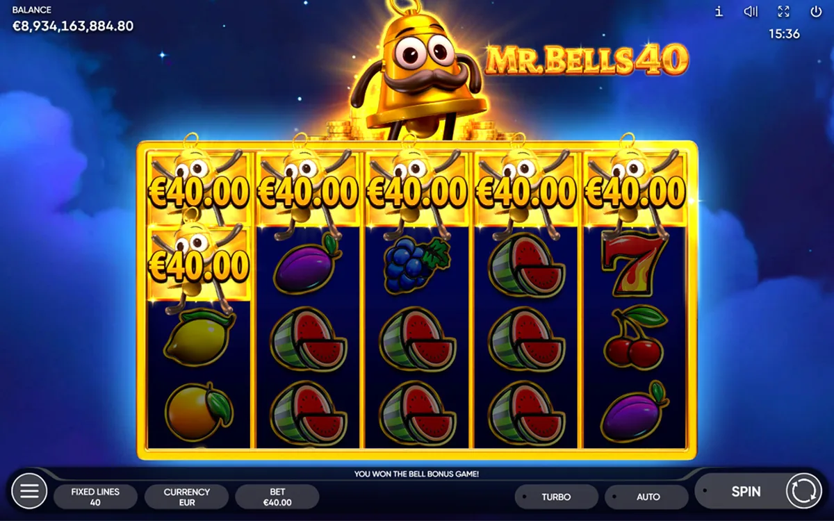 Mr. Bells 40 official Endorphina gameplay screen showing the reel layout