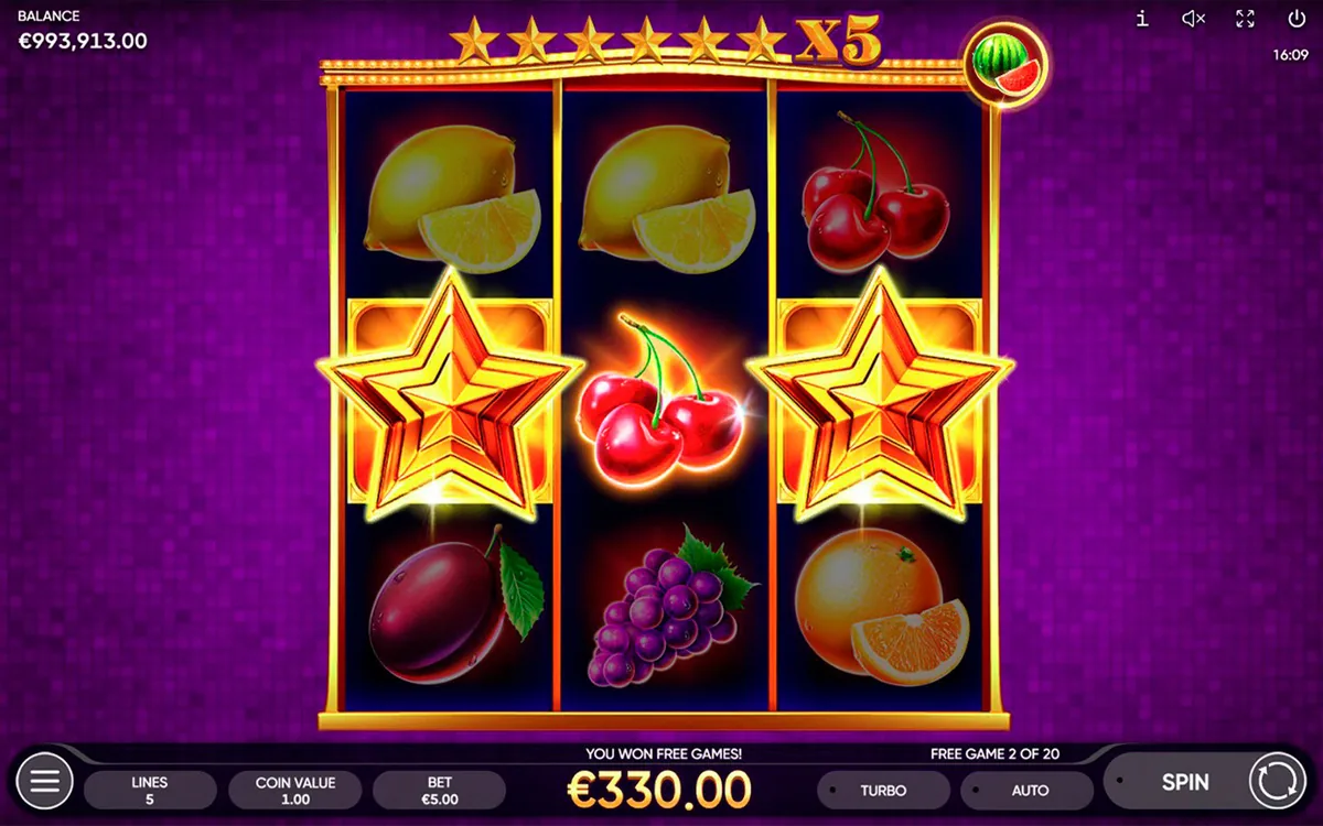 Multistar Fruits official Endorphina gameplay screen showing the reel layout