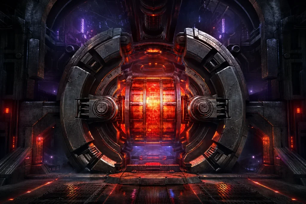 Industrial vault with a glowing reel core representing Nolimit City slot reviews