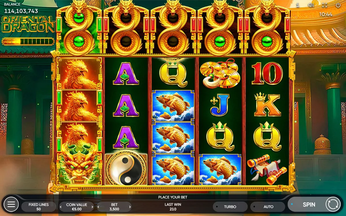 Oriental Dragon official Endorphina gameplay screen showing the reel layout