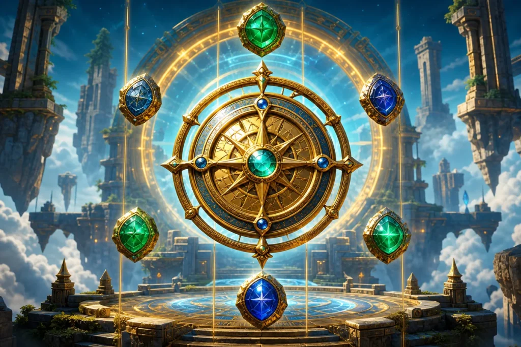 Golden astrolabe in a floating temple representing Play'n GO slot reviews