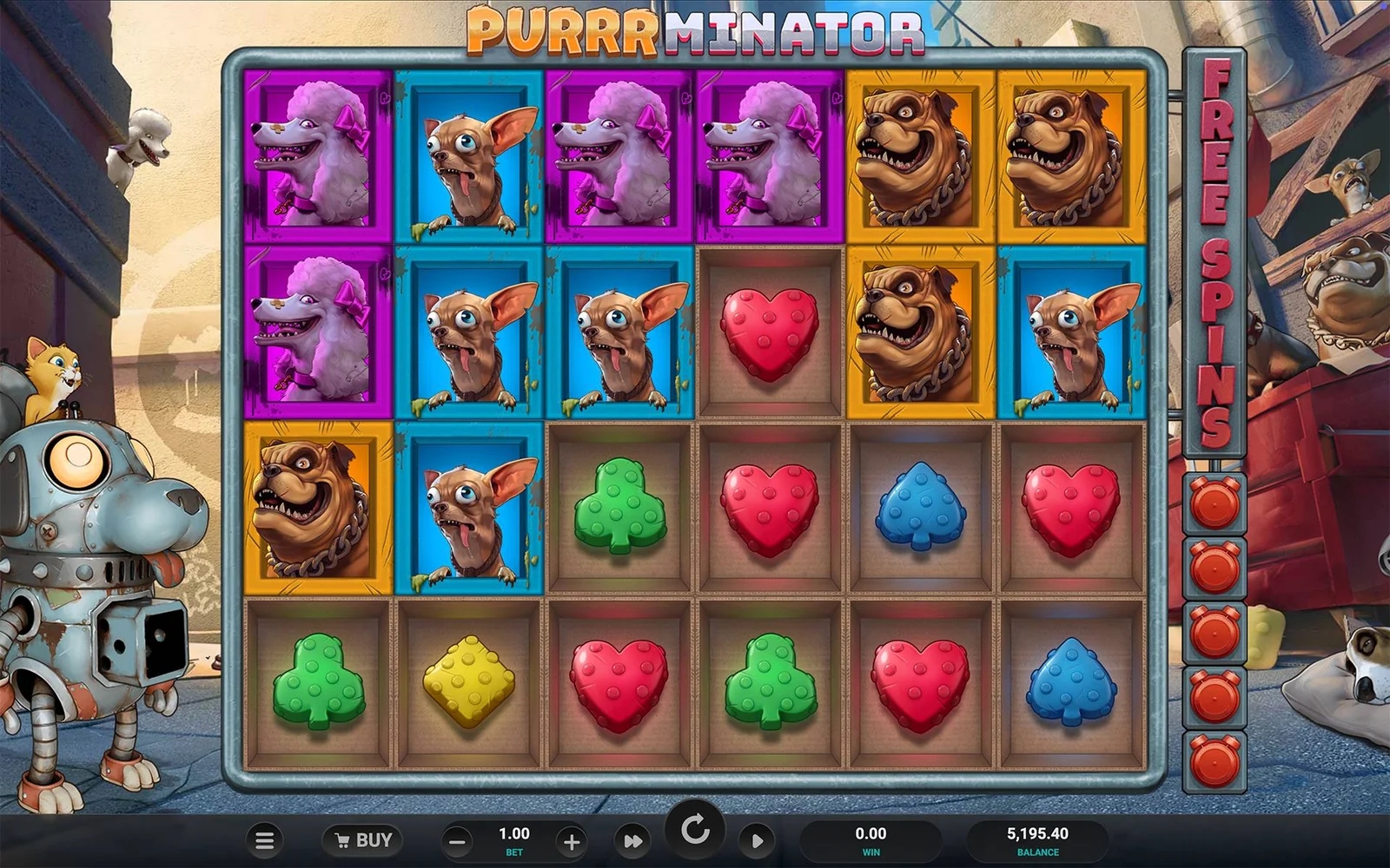 Purrrminator Dream Drop gameplay screen showing the main game mechanics