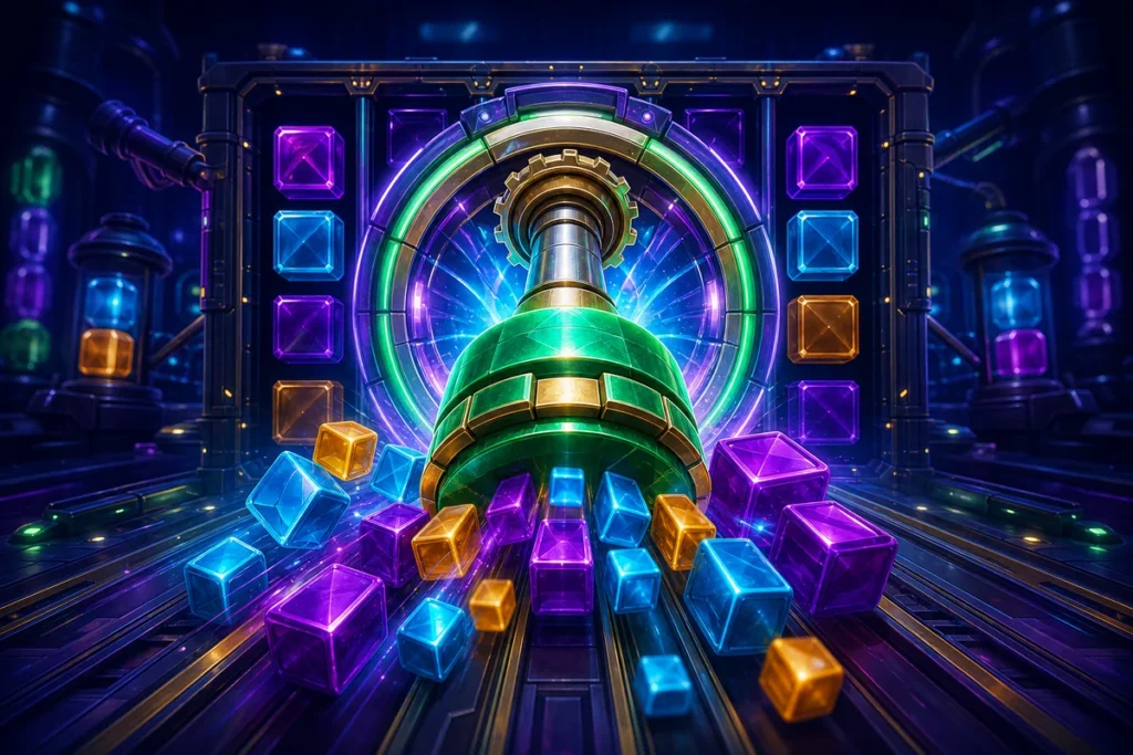 Mechanical plunger moving colourful grid blocks representing Push Gaming slot reviews