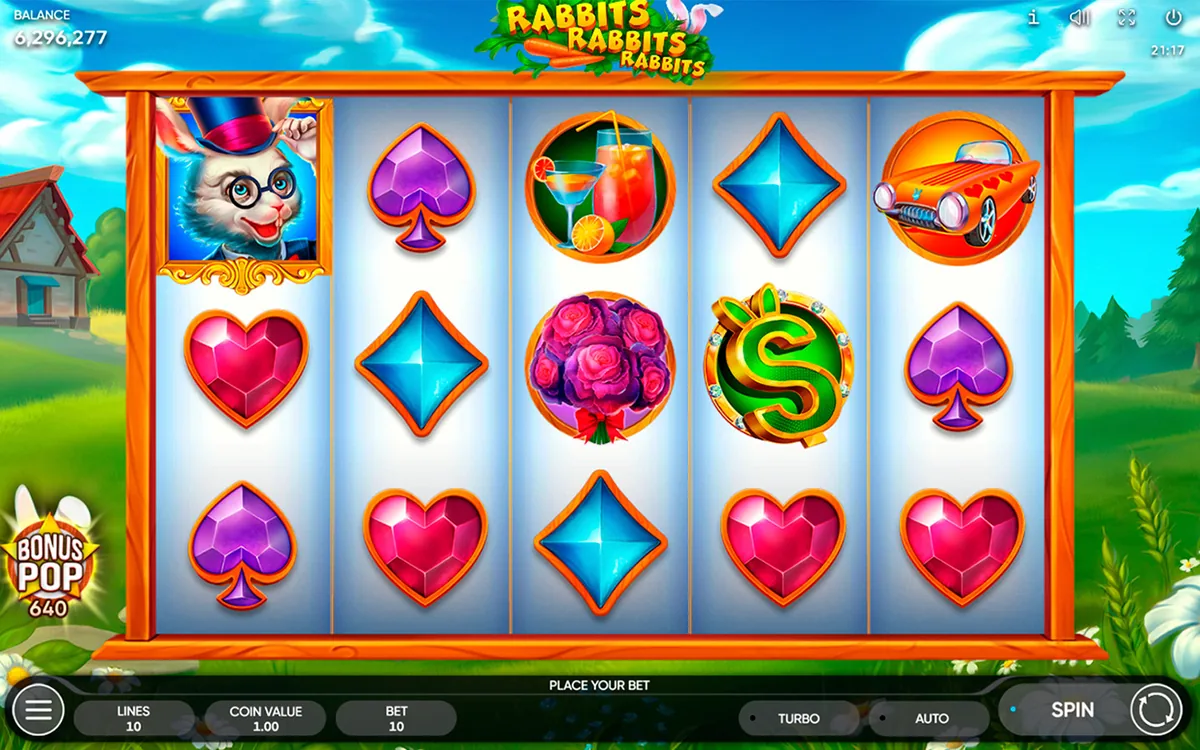 Rabbits, Rabbits, Rabbits! official Endorphina gameplay screen showing the reel layout