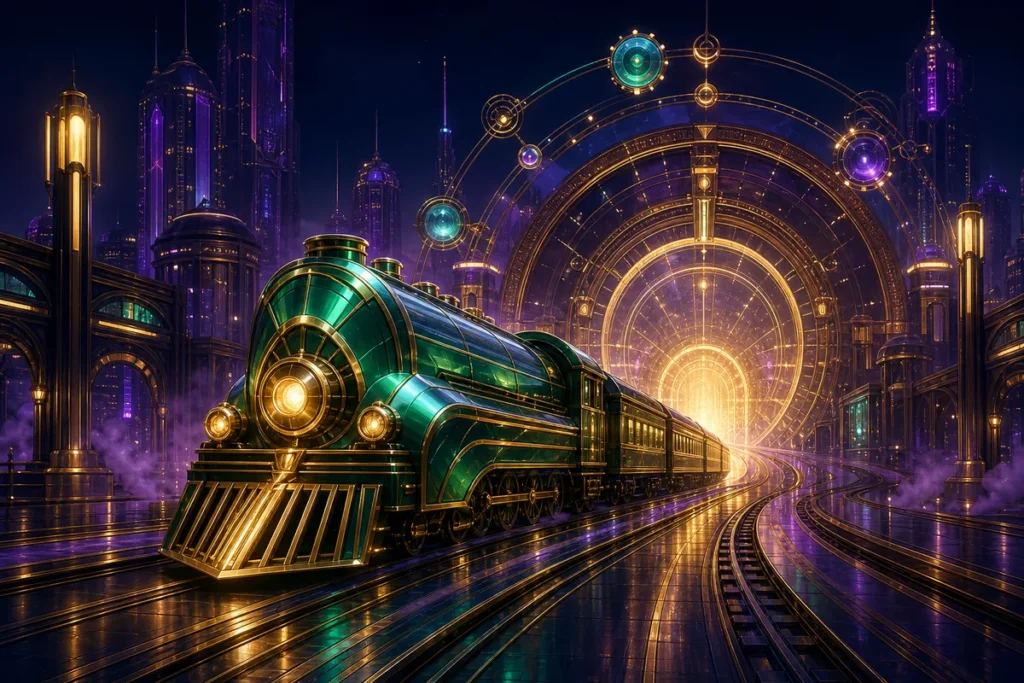 Emerald train entering a violet portal representing Relax Gaming slot reviews